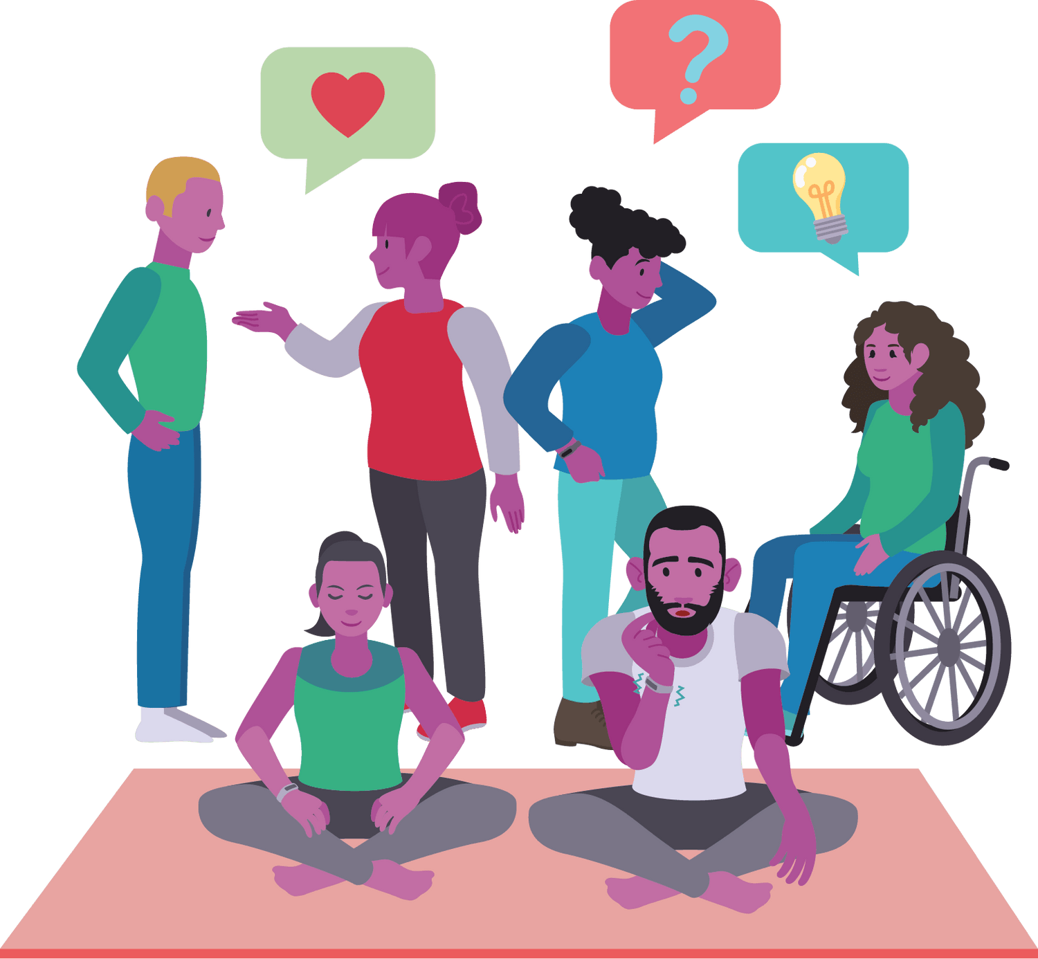 A group of people sitting on a yoga mat with speech bubbles.