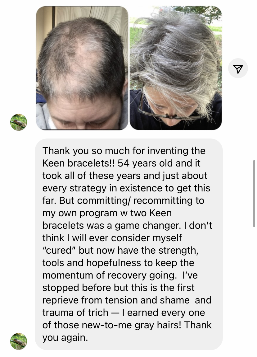 A photo of a woman with gray hair and a text message.