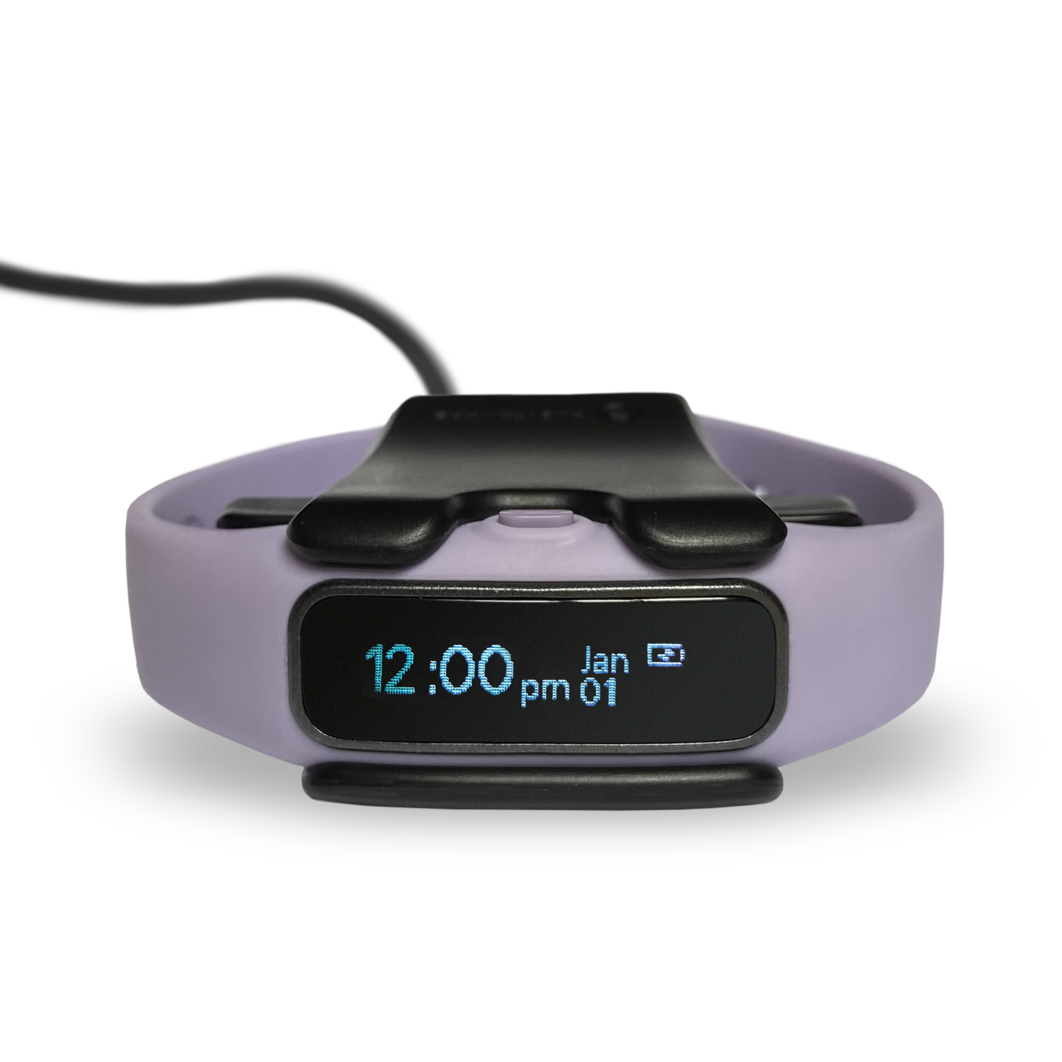 A purple smart watch with a clock on it.