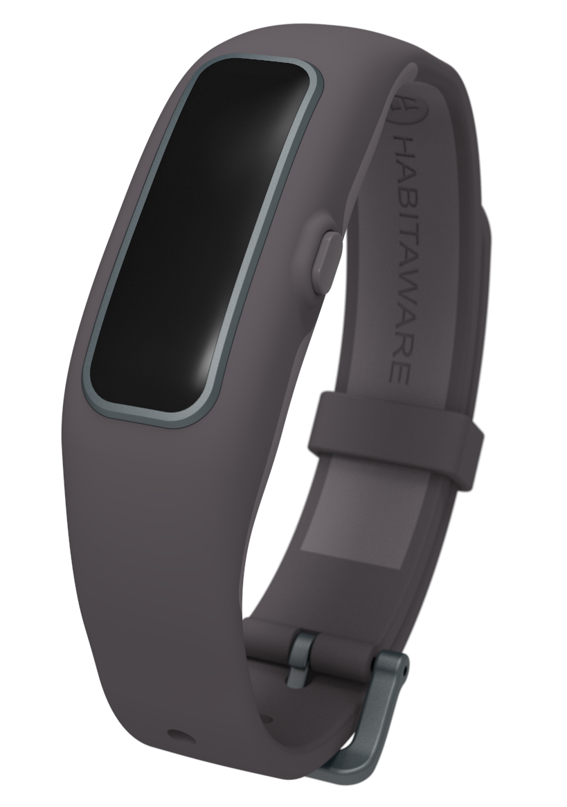 A grey smartwatch with a black band.