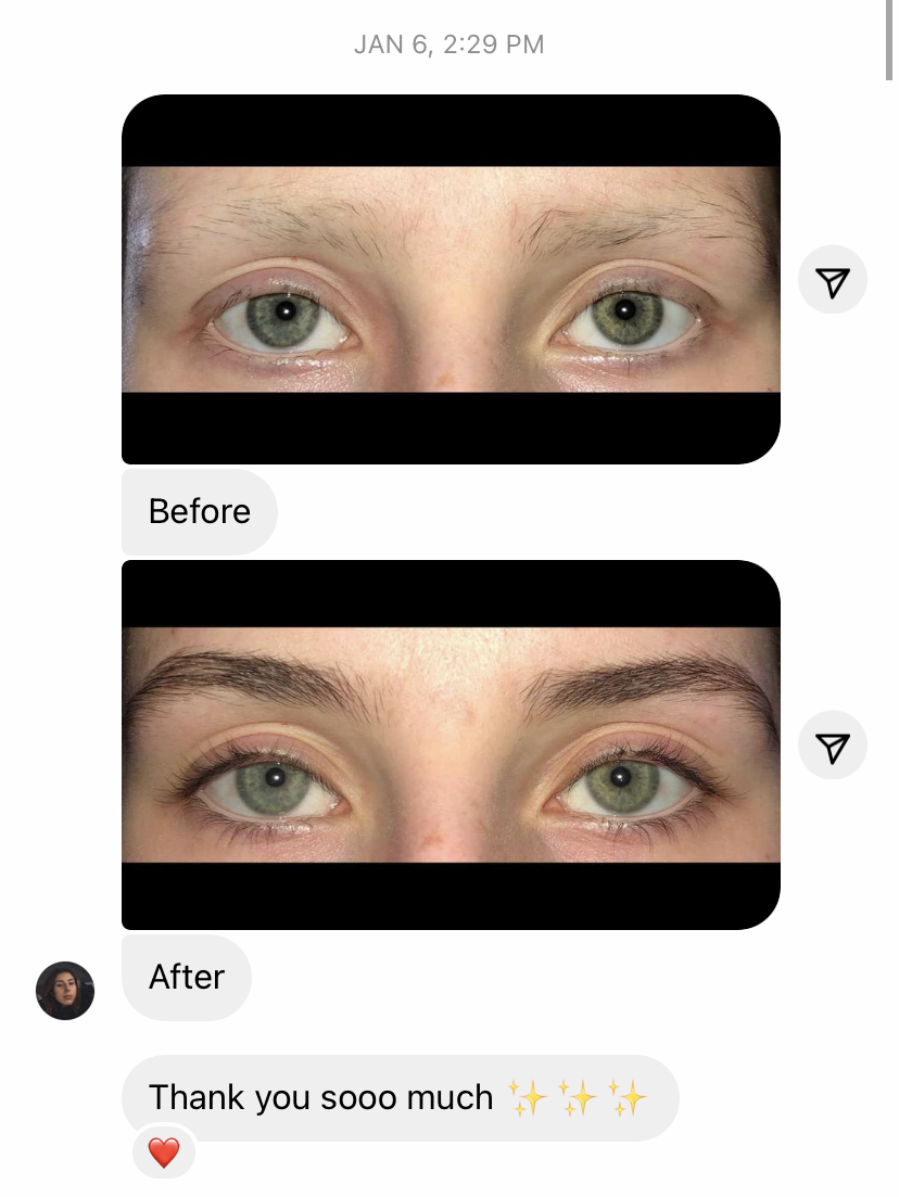 Two screenshots of a woman's eyebrows before and after.