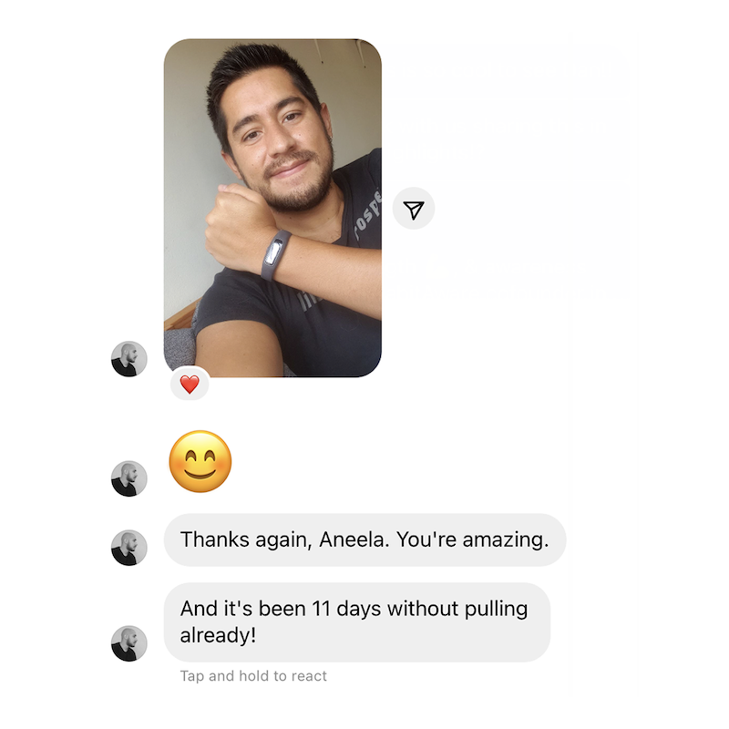 A screenshot of a conversation between a man and a woman wearing the Keen2 Awareness Bracelet.