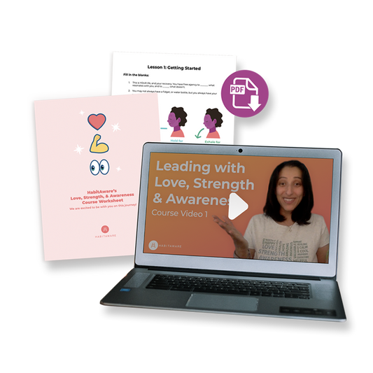 A laptop with the Love, Strength, & Awareness Online Course leading with health and awareness.