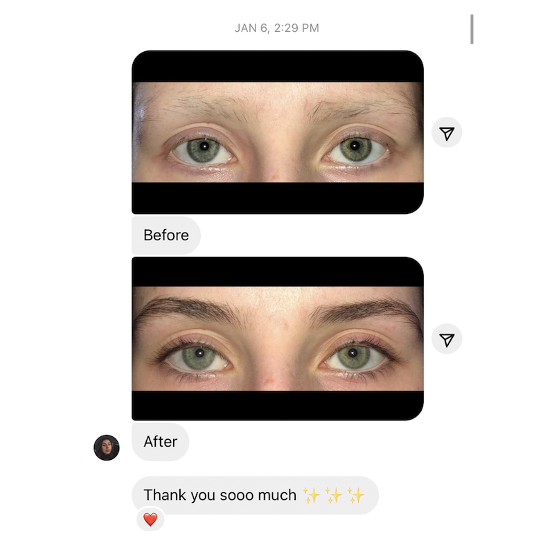 A woman's eyes are shown before and after the Sporty Keen - Black treatment.