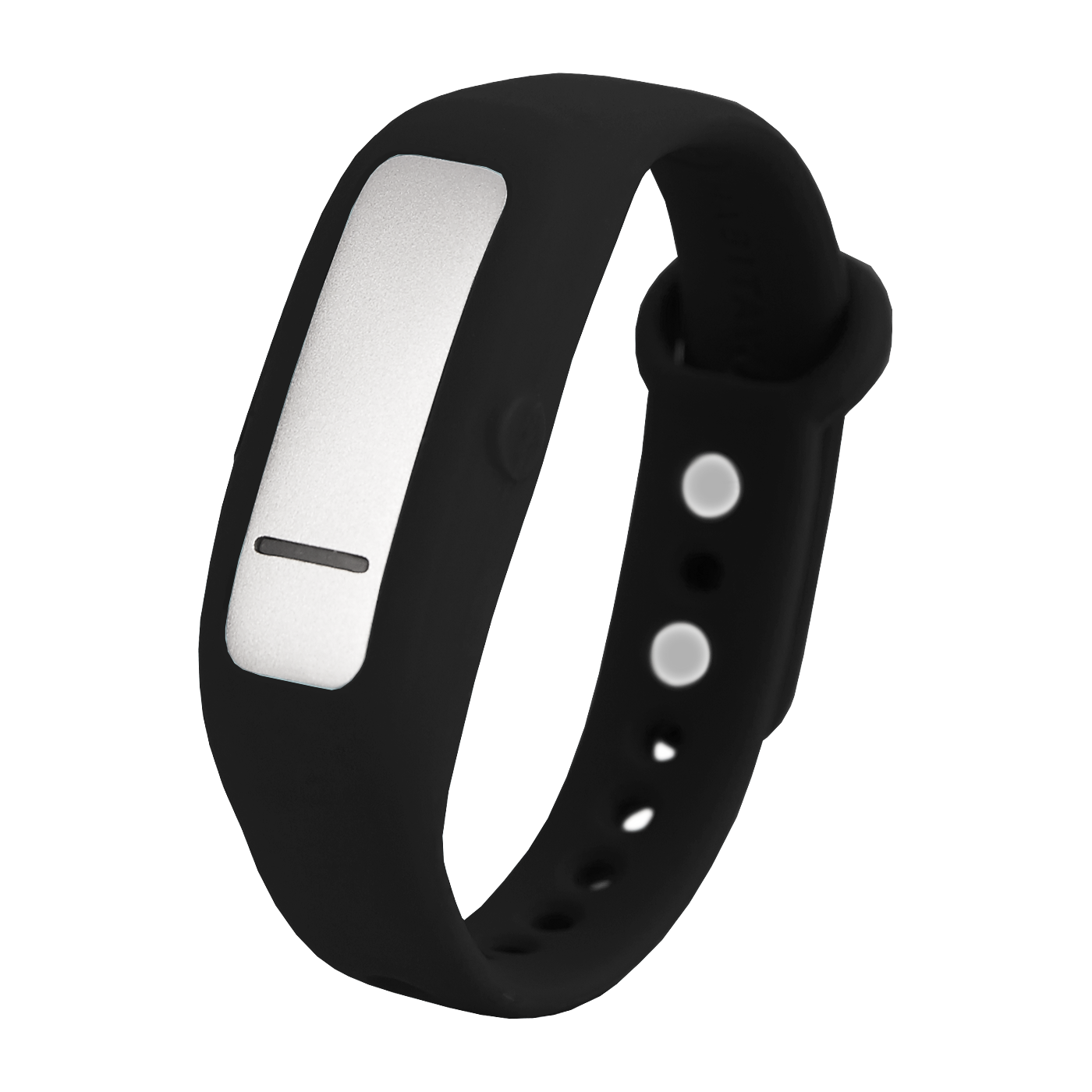 A black wristband with a silver button.