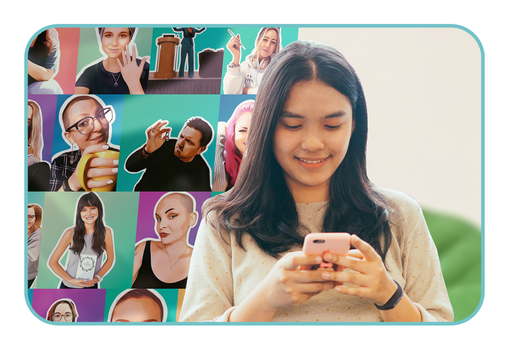 An image of a woman using a cell phone with a collage of pictures.