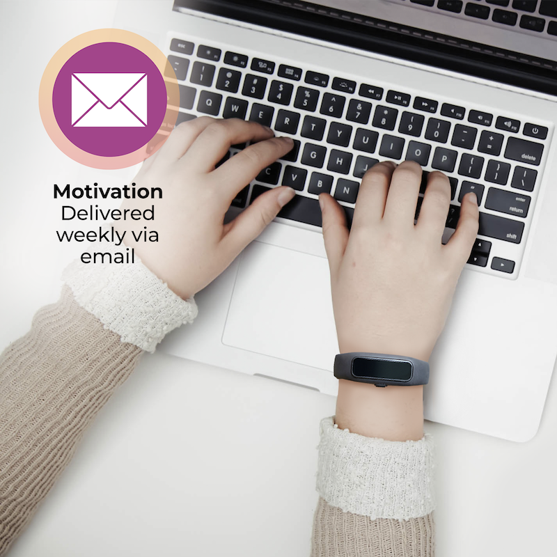 A person typing on a Keen2 Awareness Bracelet with the text motivation delivered via email.