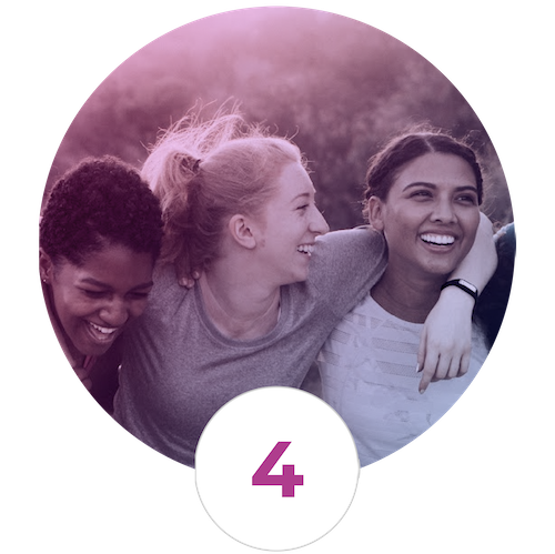 Four girls are smiling in a circle with the word 4.