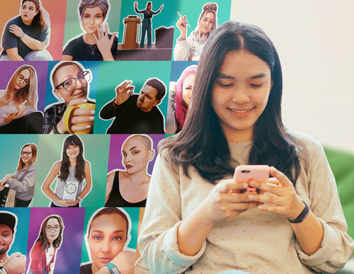 A girl sitting on a couch with a collage of faces on her phone.