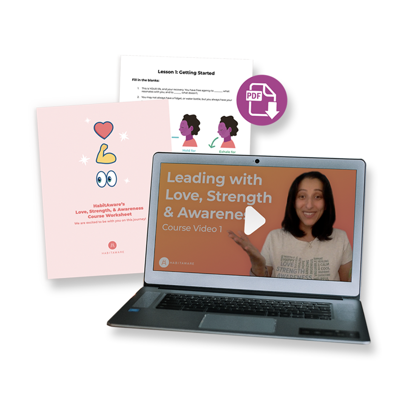 A laptop with the Love, Strength, & Awareness Online Course leading with health and awareness.