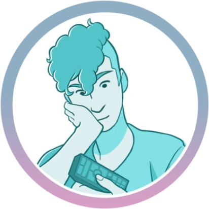 A blue haired man holding a cell phone.