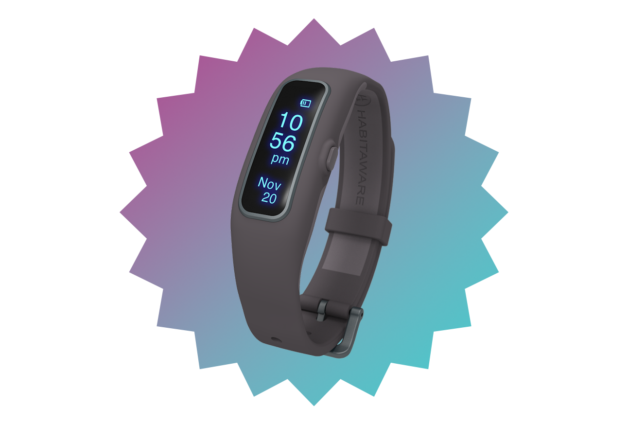 A fitness tracker is shown on a colorful background.