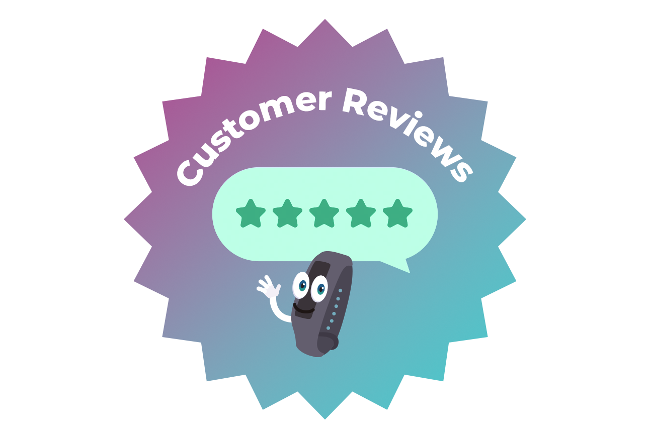 A cartoon character holding a remote with the words customer reviews.
