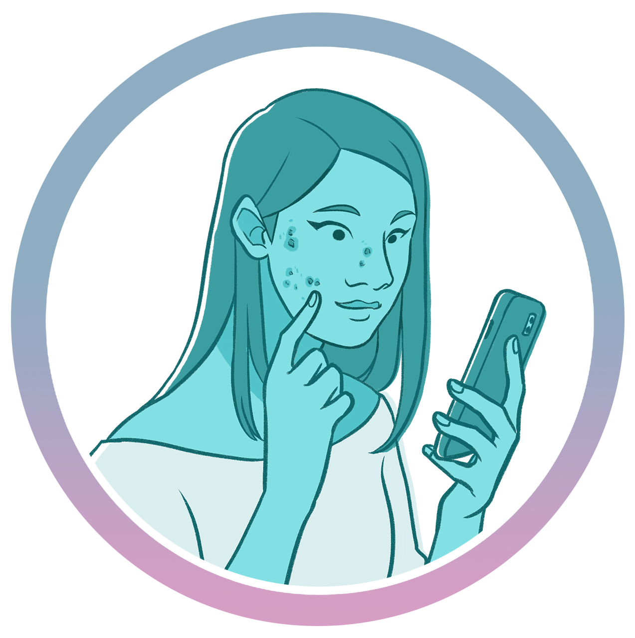 A woman is using a cell phone to check her face.